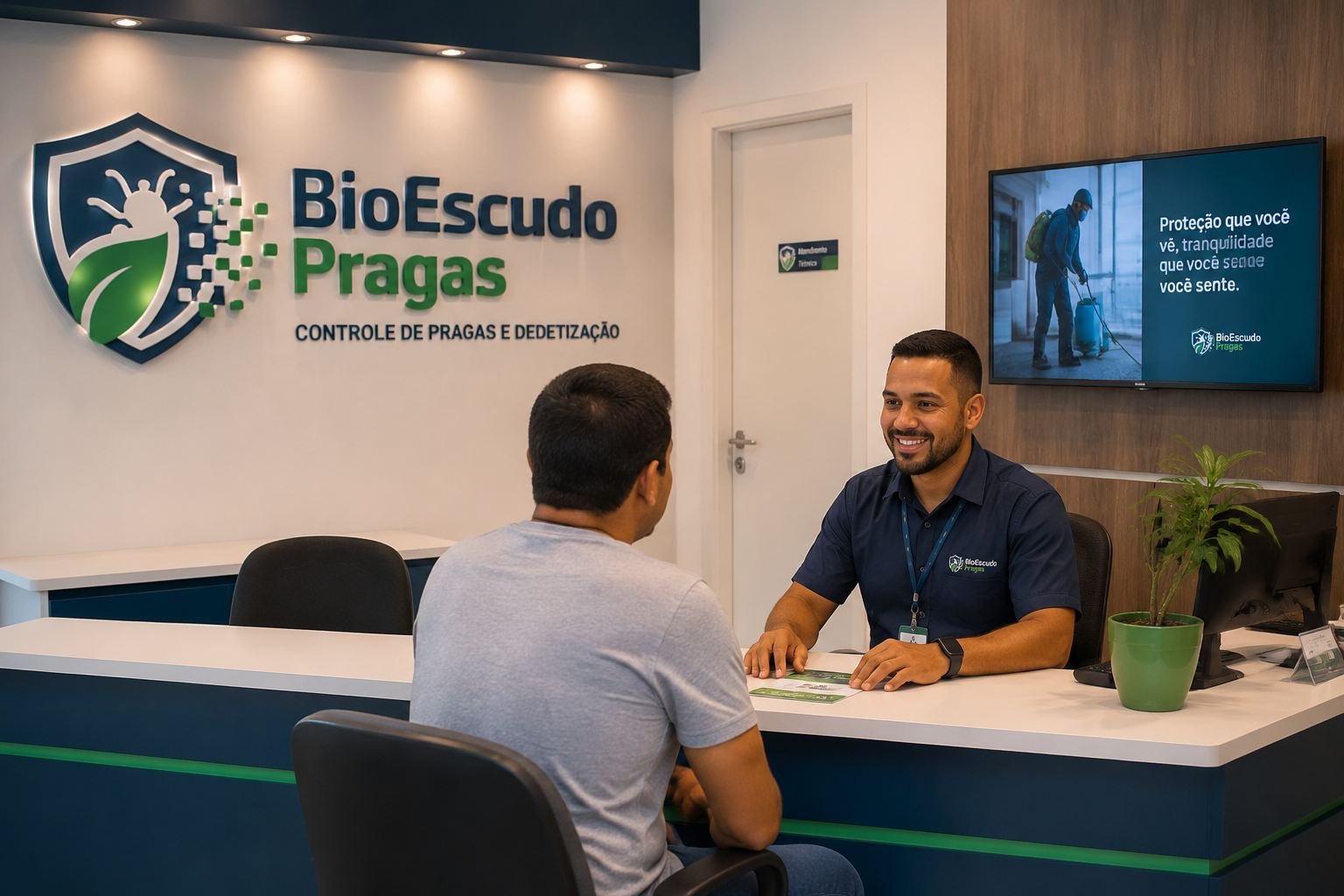 Atendimento ao cliente na recepção da BioEscudo Pragas em Fortaleza