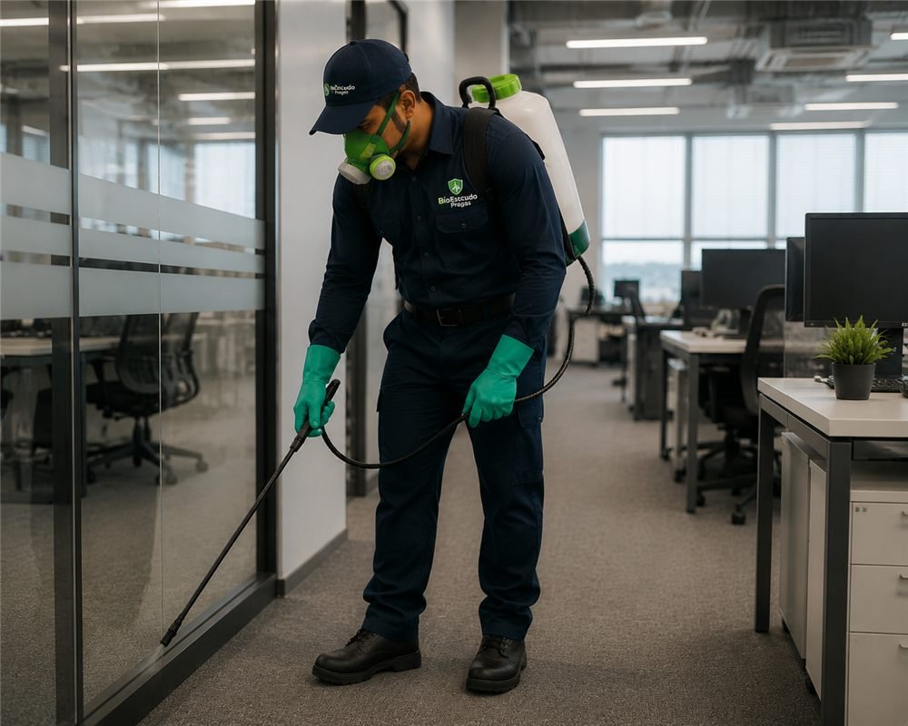 Técnico da BioEscudo Pragas aplicando dedetização comercial em escritório em Fortaleza