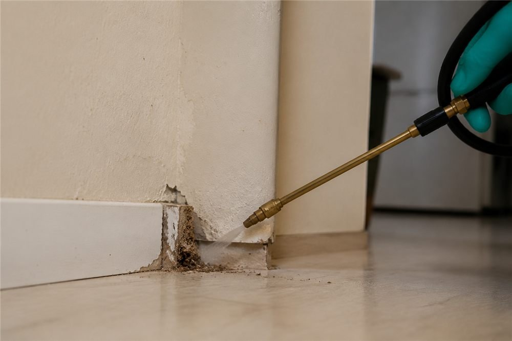 Técnico da BioEscudo Pragas aplicando descupinização em rodapé de madeira em Fortaleza